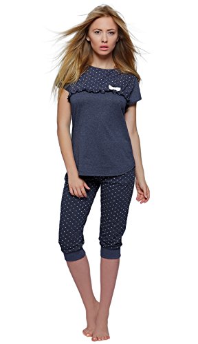 S& SENSIS edler Baumwoll-Pyjama Hausanzug aus wunderschönem Oberteil und toller Capri-Hose mit Bündchen, Gr. XL (42), Marineblau von S& SENSIS