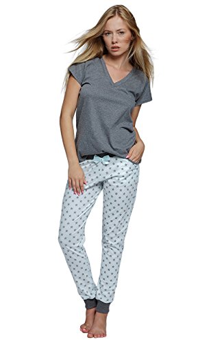 SENSIS stillvoller Baumwoll-Pyjama (Made in EU) Schlafanzug Hausanzug aus feinem T-Shirt und bequemer Hose, Gr. XL (42), Dunkelgrau mit Stern von S& SENSIS