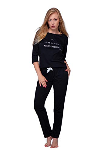SENSIS stillvoller Baumwoll-Pyjama (Made in EU) Schlafanzug Hausanzug aus feinem T-Shirt und bequemer Hose (M (38), Schwarz mit Schriftzug) von S& SENSIS