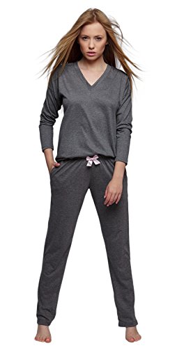 SENSIS stillvoller Baumwoll-Pyjama Schlafanzug Hausanzug aus feinem Langarm T-Shirt und bequemer Hose, Graphit, Gr. M (38) von S& SENSIS