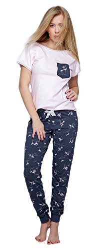 SENSIS stillvoller Baumwoll-Pyjama Schlafanzug Hausanzug aus feinem T-Schirt und bequemer Hose, Made in EU (M (38), rosa/dunkelblau mit Flamingos) von S& SENSIS