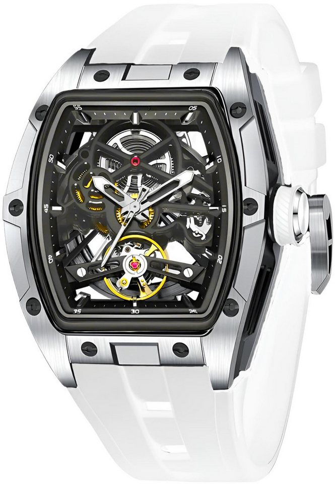 S&T Design Automatikuhr Armbanduhr Herren Uhr Edelstahl Silikon Skelett Skelleton, (inkl. Geschenkbox, Schnalle), Mechanisch 50M Wasserdicht Rechteckig von S&T Design