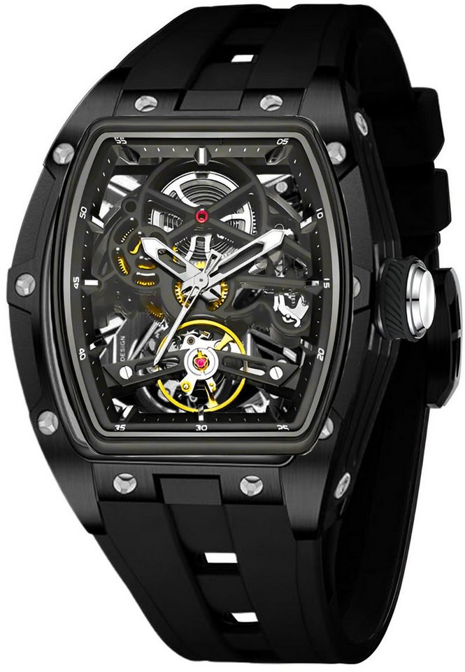 S&T Design Automatikuhr Armbanduhr Herren Uhr Edelstahl Silikon Skelett Skelleton, (inkl. Geschenkbox, Schnalle), Mechanisch 50M Wasserdicht Rechteckig von S&T Design