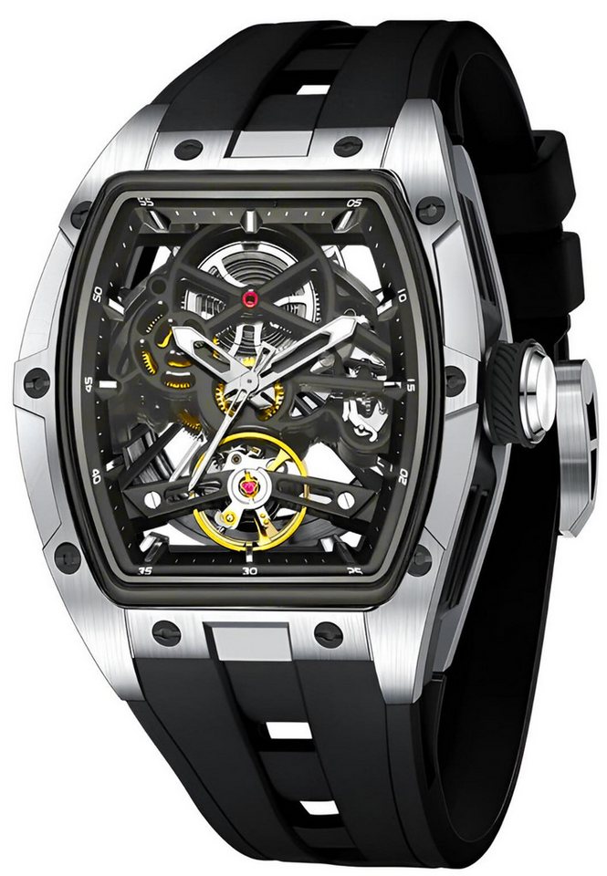 S&T Design Automatikuhr Armbanduhr Herren Uhr Edelstahl Silikon Skelett Skelleton, (inkl. Geschenkbox, Schnalle), Mechanisch 50M Wasserdicht Rechteckig von S&T Design