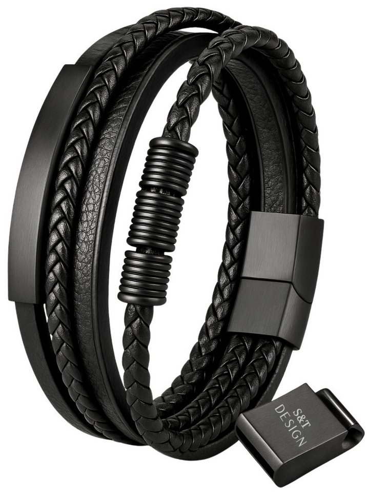 S&T Design Lederarmband Herren Armband Schwarz Schmuck Edelstahl (Geschenkebox (Etui), Geflochten), Magnetverschluss & Verlängerung Geschenk für Männer Söhne Kinder von S&T Design