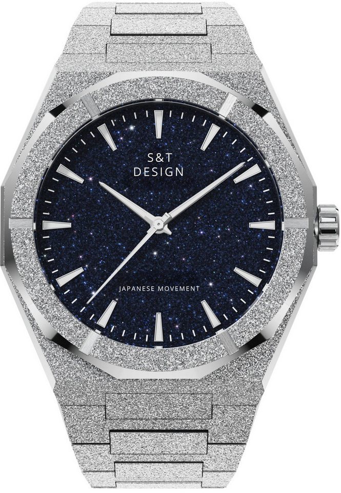 S&T Design Quarzuhr Armbanduhr Herrenuhr Frosted Iced Edelstahl Datum TIME SPACE, (inkl. Lederbox, Armbandkürzer), Japanisches Quarzwerk 40mm Leuchtzeiger Sternenhimmel Lederbox von S&T Design