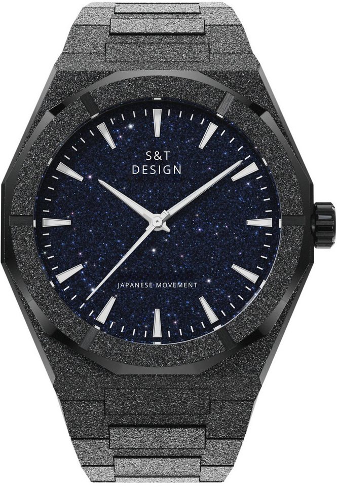 S&T Design Quarzuhr Armbanduhr Herrenuhr Frosted Iced Edelstahl Datum TIME SPACE, (inkl. Lederbox, Armbandkürzer), Japanisches Quarzwerk 40mm Leuchtzeiger Sternenhimmel Lederbox von S&T Design