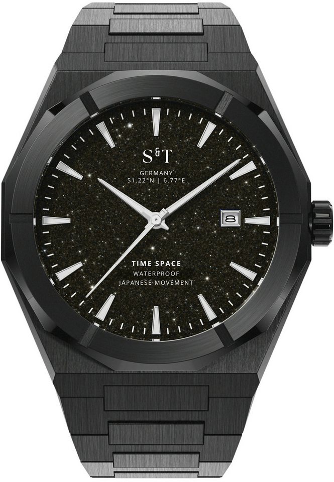 S&T Design Quarzuhr Armbanduhr Herrenuhr Frosted Iced Edelstahl Datum TIME SPACE, (inkl. Lederbox, Armbandkürzer), Japanisches Quarzwerk 40mm Leuchtzeiger Sternenhimmel Lederbox von S&T Design