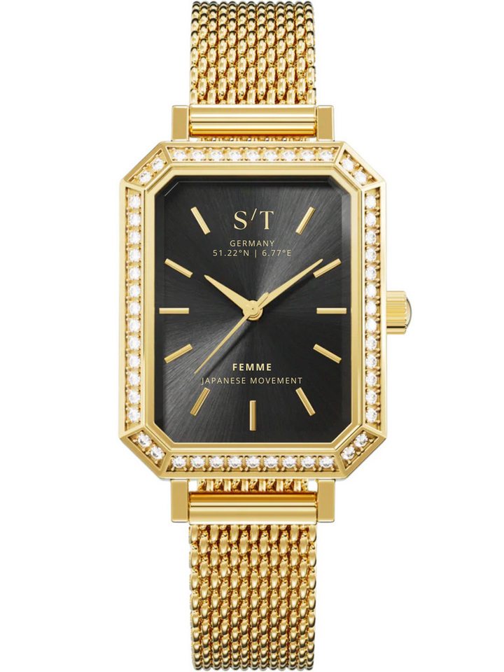 S&T Design Quarzuhr Damen Armbanduhr Edelstahl Diamant Damenuhr S/T FEMME, (Packung, Mit Mesh Armband und Armbandkürzer), 5 ATM Wasserdicht Japanisches Uhrwerk Rechteckig Mesh Armband von S&T Design