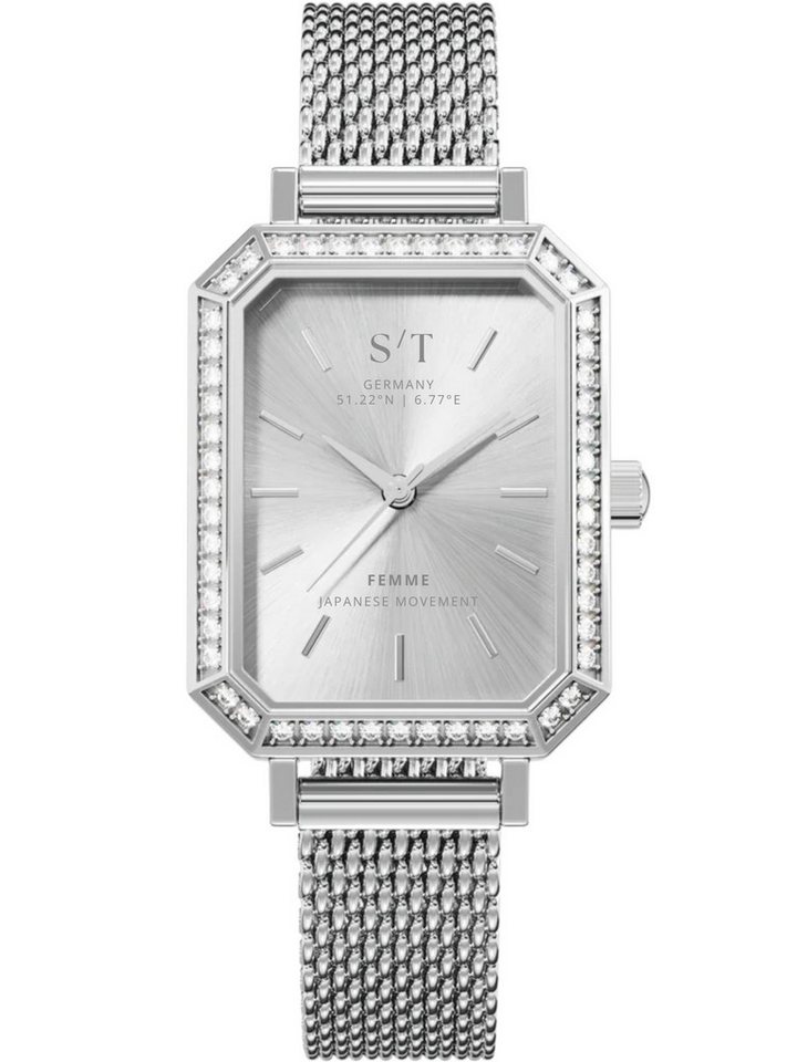 S&T Design Quarzuhr Damen Armbanduhr Edelstahl Diamant Damenuhr S/T FEMME, (Packung, Mit Mesh Armband und Armbandkürzer), 5 ATM Wasserdicht Japanisches Uhrwerk Rechteckig Mesh Armband von S&T Design