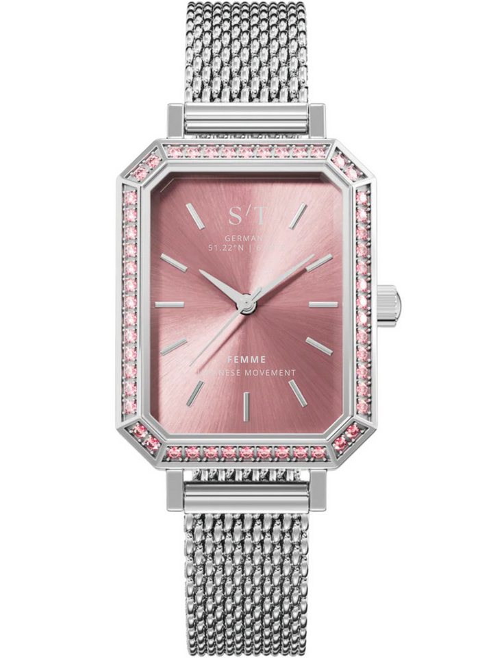S&T Design Quarzuhr Damen Armbanduhr Edelstahl Diamant Damenuhr S/T FEMME, (Packung, Mit Mesh Armband und Armbandkürzer), 5 ATM Wasserdicht Japanisches Uhrwerk Rechteckig Mesh Armband von S&T Design