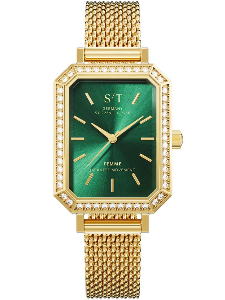 S&T Design Quarzuhr Damen Armbanduhr Edelstahl Diamant Damenuhr S/T FEMME, (Packung, Mit Mesh Armband und Armbandkürzer), 5 ATM Wasserdicht Japanisches Uhrwerk Rechteckig Mesh Armband von S&T Design