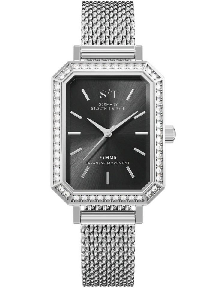 S&T Design Quarzuhr Damen Armbanduhr Edelstahl Diamant Damenuhr S/T FEMME, (Packung, Mit Mesh Armband und Armbandkürzer), 5 ATM Wasserdicht Japanisches Uhrwerk Rechteckig Mesh Armband von S&T Design