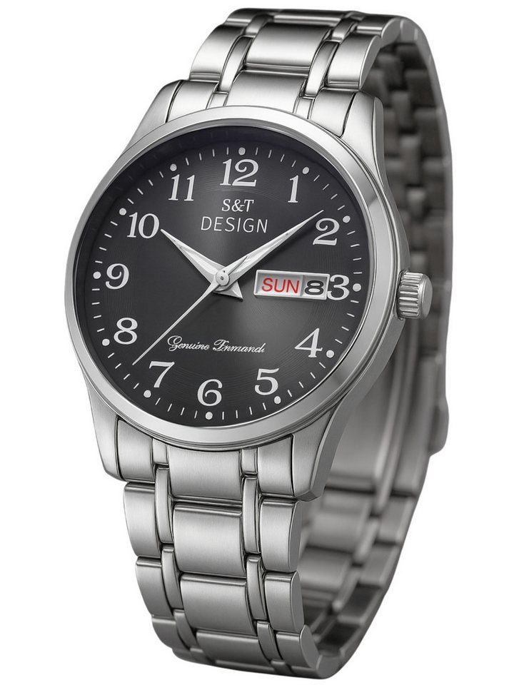 S&T Design Quarzuhr Herren Uhr Edelstahl Armbanduhr Herrenuhr, (Geschenkebox (Etui), inkl. Armbandkürzer & Etui), Männer Uhr 3Bar Wasserdicht Datum Große Ziffern Zahlen Analog von S&T Design