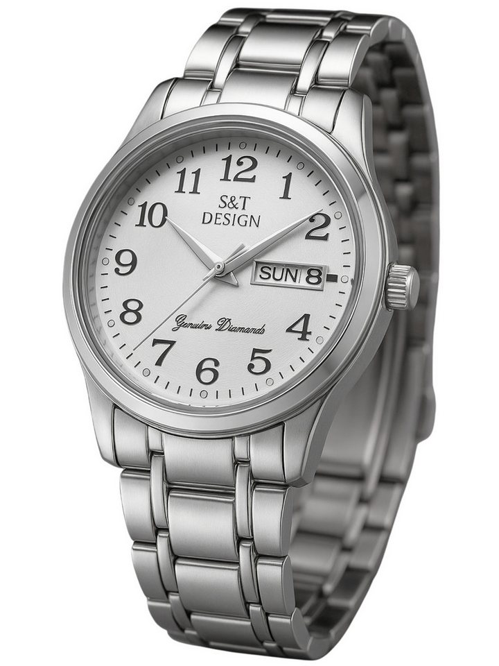 S&T Design Quarzuhr Herren Uhr Edelstahl Armbanduhr Herrenuhr, (Geschenkebox (Etui), inkl. Armbandkürzer & Etui), Männer Uhr 3Bar Wasserdicht Datum Große Ziffern Zahlen Analog von S&T Design