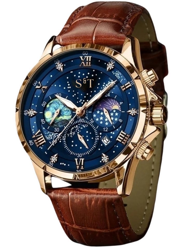S&T Design Quarzuhr Herrenuhr Leder Braun Chronograph Armbanduhr Lederarmband Mansa Lux, (Anzug Hochzeit Büro, inkl. Aluminiumbox & Bedienungsanleitung), Herren Uhr Braun Datum Wasserdicht 3BAR von S&T Design