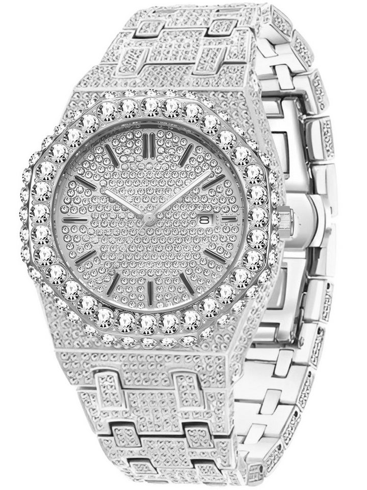 S&T Design Quarzuhr Iced Out Uhr Armbanduhr Herrenuhr Achteckig Diamant, (inkl. Armbandkürzer), Lederuhrenbox), Achteckig, Edelstahl, Diamantzirkonia, Wasserdicht 3Bar von S&T Design