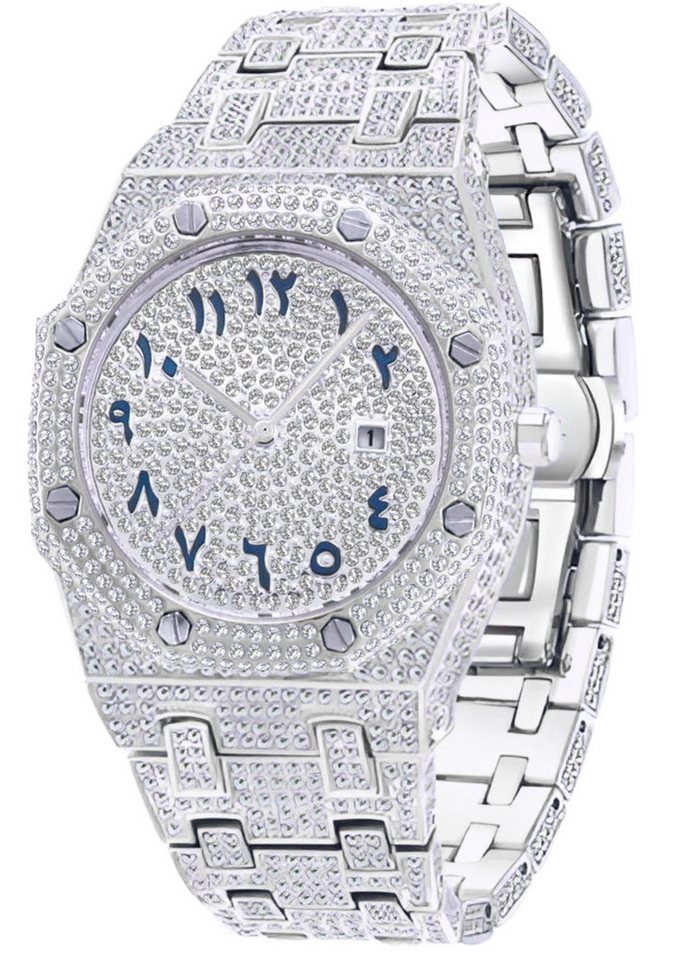 S&T Design Quarzuhr Iced Out Uhr Armbanduhr Herrenuhr Arabische Ziffern, (inkl. Armbandkürzer), Geschenkbox), Achteckig, Edelstahl, Diamantzirkonia, Wasserdicht 3Bar von S&T Design