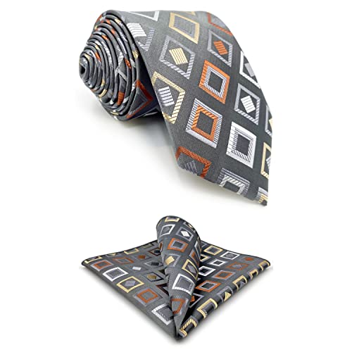 S&W SHLAX&WING Herren Krawatte grau mit rot-gelben Karos für Anzugjacken-Krawatten-Set mit passendem Einstecktuch 147cm von S&W SHLAX&WING