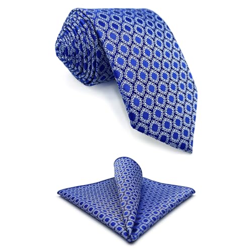 S&W SHLAX&WING Krawatten Set für Herren hellkönigsblau geometrisch weiß kariert Satin klassisch Größe 147cm×8cm von S&W SHLAX&WING