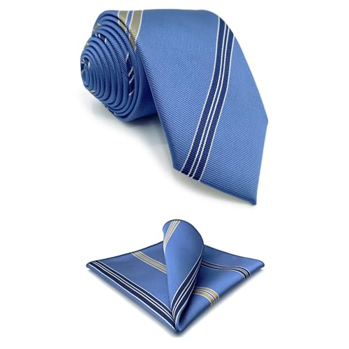 Krawatten für Herren Anzüge Stahlblau Streifen Business Krawatten Set mit passendem Einstecktuch 147cm von S&W SHLAX&WING