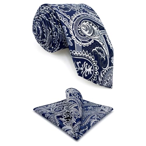 S&W SHLAX&WING Krawatten für Herren Krawatten Set Paisleymuster Marineblau Silber gewebt für Hochzeit Party Satin klassisch Größe 147cm×8cm von S&W SHLAX&WING