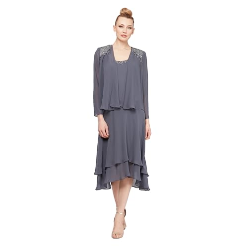 S.L. Fashions Damen Brautmutter mit Verziertem Ausschnitt und Schulter, für Hochzeitsgäste (Zierliche und Normale Größen) Kleid für besondere Anlässe, Stahl, 48 von S.L. Fashions