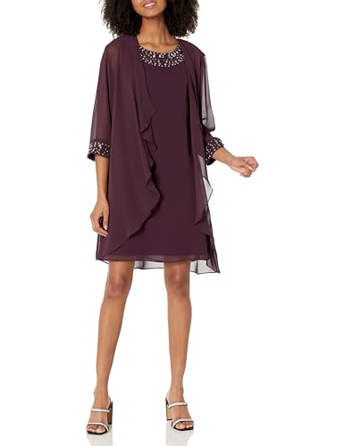 S.L. Fashions Damen Chiffonkleid mit Perlenkragen Kleid für besondere Anlässe, aubergine, 40 Zierlich von S.L. Fashions