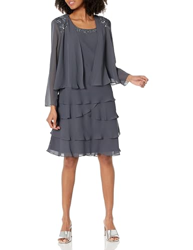 S.L. Fashions Damen Embellished Tiered Jacket Dress (Petite and Regular) Kleid fr besondere Anlsse, Stahl, 10 von S.L. Fashions