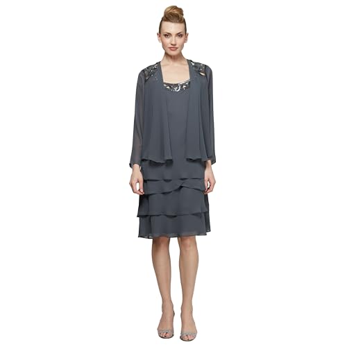 S.L. Fashions Damen Embellished Tiered Jacket Dress (Petite and Regular) Kleid fr besondere Anlsse, Stahl, Size: 12 von S.L. Fashions