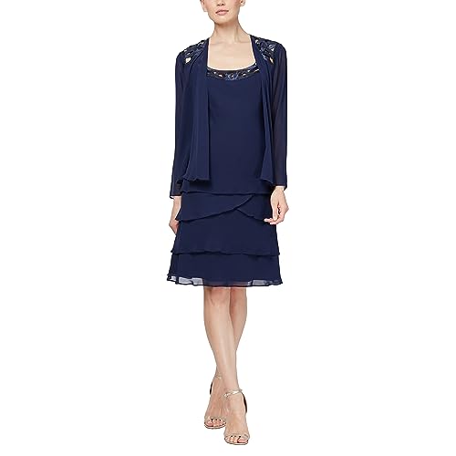 S.L. Fashions Damen Embellished Tiered Jacket Dress (Petite and Regular) Kleid für die Brautmutter, Saphir, 44 von S.L. Fashions