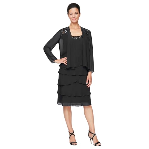 S.L. Fashions Damen Embellished Tiered Jacket Dress (Petite and Regular) Kleid für die Brautmutter, schwarz, 48 von S.L. Fashions