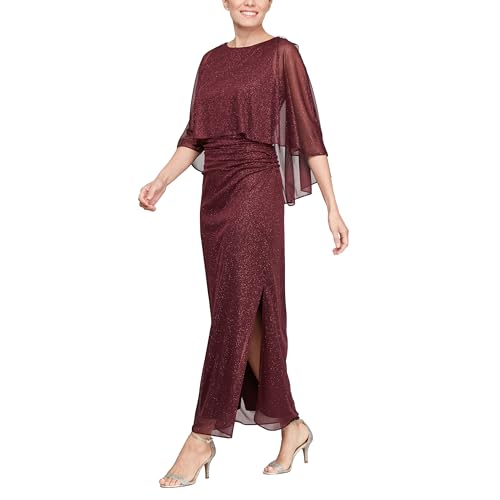 S.L. Fashions Damen Long Glitter Mesh Capelet Gown with Side Slit, Wedding Guest, Formal Dress (Petite and Regular Sizes) Brautmutterkleid, Feige, 46 von S.L. Fashions