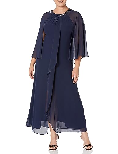 S.L. Fashions Damen Long Length Halter Neckline, Mother of The Bride Dress with Illusion Cape, (Petite and Regular Sizes) Kleid für besondere Anlässe, Marineblaue Capelet-Ärmel, 48 von S.L. Fashions