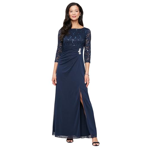 S.L. Fashions Damen Long Mother of The Bride Dress with Stretch Lace Bodice & Hip Embellishment (Petite and Regular Sizes) Brautmutterkleid, Marineblau, 40 von S.L. Fashions