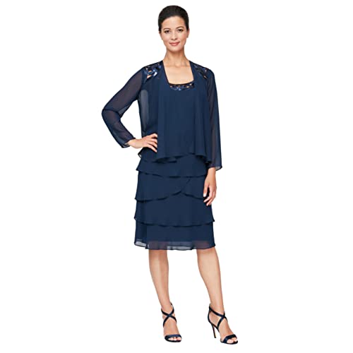 S.L. Fashions Women's Embellished Tiered Jacket Dress (Petite and Regular), Deep Navy, 8 von S.L. Fashions