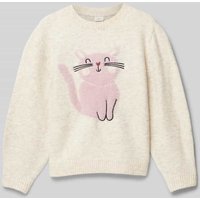 s.Oliver RED LABEL Loose Fit Strickpullover mit flauschigem Katzenmotiv in Sand Melange, Größe 116 von s.Oliver RED LABEL