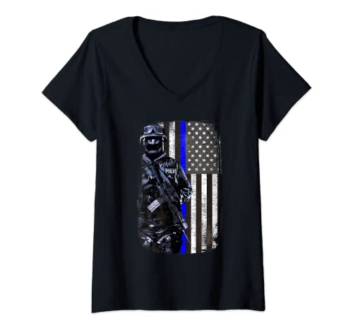 Damen Thin Blue Line Polizist SWAT Amerikanische Flagge Patriot T-Shirt T-Shirt mit V-Ausschnitt von S.W.A.T. Tactical Police Apparel