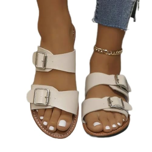 S8DOCFAF Damen neue Sommertrend Schnalle flache Freizeitschuhe Hausschuhe täglich flacher Mund Party Damen Sandalen große Damenschuhe von S8DOCFAF