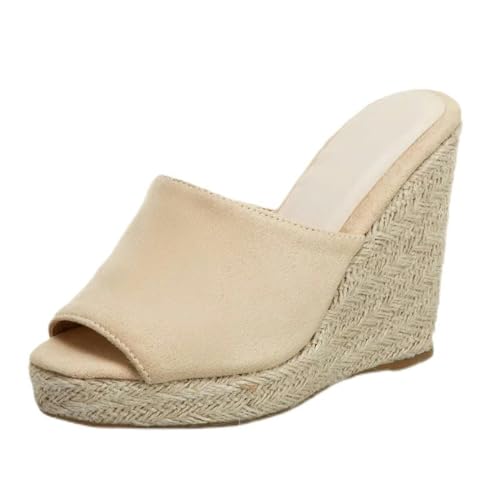 S8DOCFAF Dickbesohlte Damen Hausschuhe Keilabsatz High Heels Pantoletten Sommersandalen Offene Zehen High Heels Keilabsatz Damen Große Größe-Beige-44 von S8DOCFAF