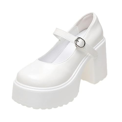 S8DOCFAF Dickbesohlte Schuhe mit hohen Absätzen für Damen 2024 Herbst PU-Leder-Schuhe mit Knöchelschnalle für Damen, dickbesohlte weiße Lolita-Schuhe für Damen von S8DOCFAF