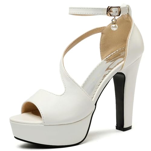S8DOCFAF Große Sommer Damenschuhe Sandalen High Heels dicke Sohle Schnürung schwarz gelb weiß rot Party Tanzschuhe Damen-WEISS-37 von S8DOCFAF