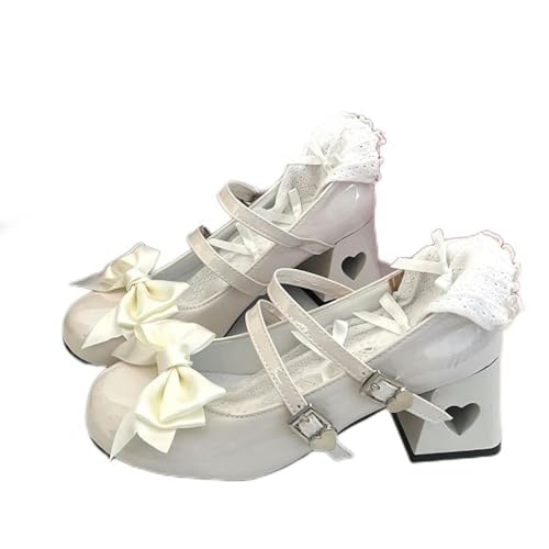 S8DOCFAF Rosa Lolita-Schuhe für Damen, Herbst, Lackleder, niedrige Absätze, Damen, Seidenkrawatte, Knöchelriemen, Partyschuhe für Damen von S8DOCFAF