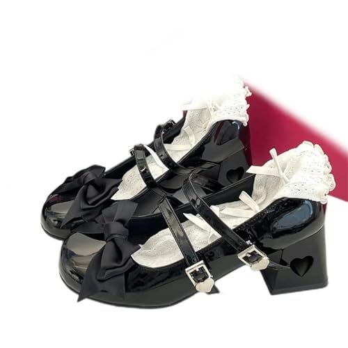 S8DOCFAF Rosa Lolita-Schuhe für Damen, Herbst, Lackleder, niedrige Absätze, Damen, Seidenkrawatte, Knöchelriemen, Partyschuhe für Damen von S8DOCFAF