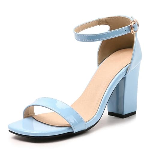 S8DOCFAF Sommer Große Größe Neue Damen Sandalen Offene Zehenpartie Blockabsatz Knöchelriemen Schwarz und Gelb-Blau 8,5cm-37 von S8DOCFAF