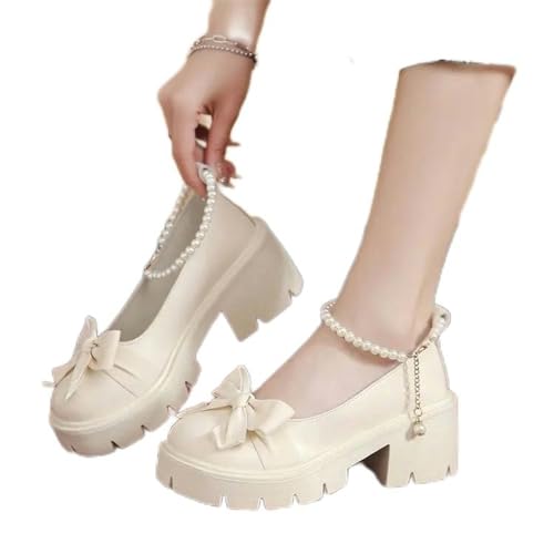 Schleife Lolita Schuhe Damenschuhe Damen Retro Flache High Heels Schuhe mit dicken Sohlen Damenschuhe von S8DOCFAF