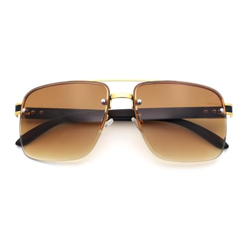 SA106 Herren-Sonnenbrille, rechteckig, Doppelbrücke, halber Rand, Holzmaserung, Goldbraun – Braun SA106 Herren-Sonnenbrille, rechteckig, Doppelbrücke, halber Rand, Holzmaserung, Goldbraun – Braun von SA106