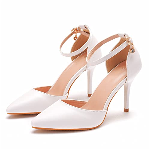 Frauen 3,5'' Hohen Absätzen Pumps, Geschlossener Zeh Hochzeit Sandalen Knöchelriemen Schnallen Schuhe Mode Spitzer Zeh Tanzschuhe Braut Abend-Party-Abschlussball Sandalen,Weiß,37 von SAAKO