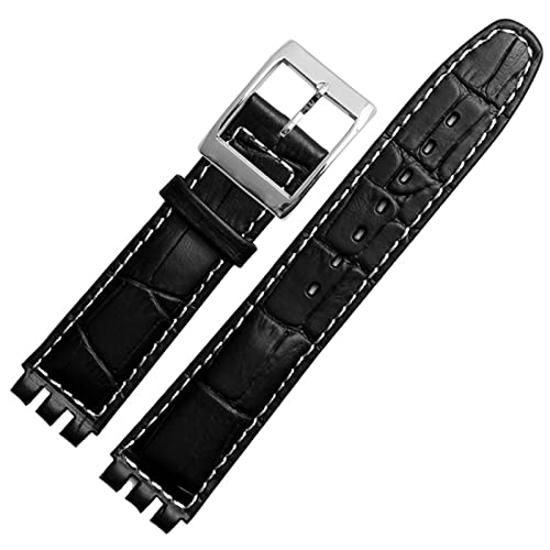 SAAWEE 17mm 19mm echtes Kalb Leder Handgelenksgurt für Swatch Watch Band Männer Frauen Alligator Muster Armband Uhrenbandzubehör(Black white line,19mm) von SAAWEE