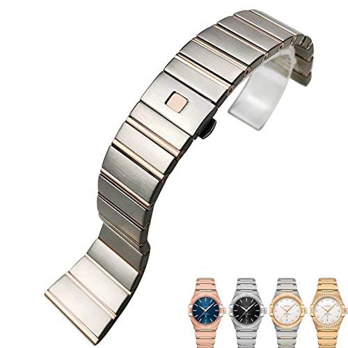 SAAWEE 18mm 23mm 25mm Edelstahl Uhrenarmbänder Faltschließe Uhrenarmband für Omega Double Eagle Constellation Seamaster Armband(Silver and rose,17mm-7mm) von SAAWEE